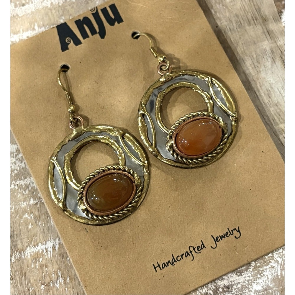 Vintage Style Boho Anju Mixed Metal Carnelian Dangle Earrings Silver Gold Tone
